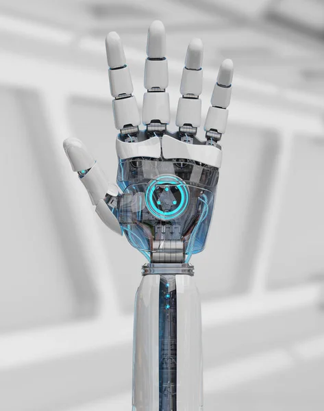 Λευκό Cyborg Ανοίγοντας Χέρι Του Στο Παρασκήνιο Διαστημόπλοιο Rendering — Φωτογραφία Αρχείου
