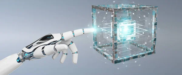 Mano Robot Blanco Sobre Fondo Borroso Creando Estructura Tecnología Futura —  Fotos de Stock