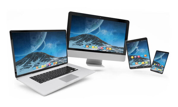 Isolated modern devices floating on white background 3d rendering
