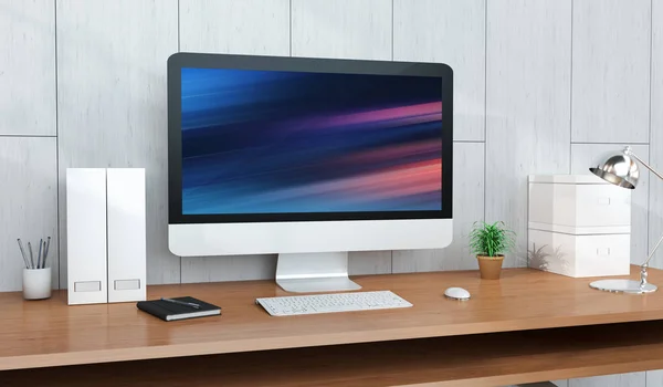 Computer Devices Modern Wooden Desk Bright Interior Rendering — Stock Photo, Image