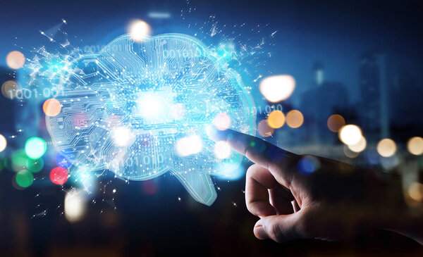 Businessman on blurred background creating artificial intelligence in a digital brain 3D rendering