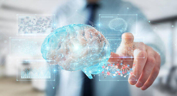 Businessman on blurred background using using digital 3D projection of a human brain 3D rendering