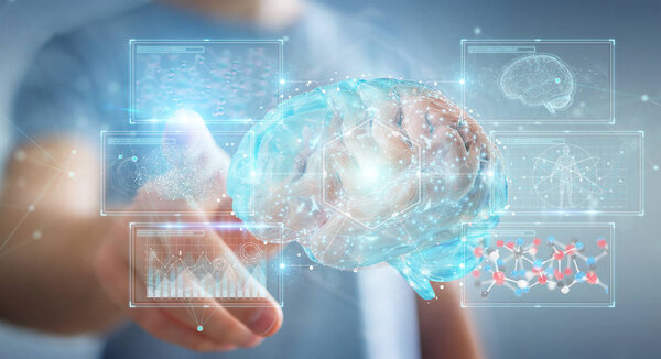 Businessman on blurred background using using digital 3D projection of a human brain 3D rendering