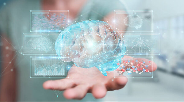 Businesswoman on blurred background using digital 3D projection of a human brain 3D rendering