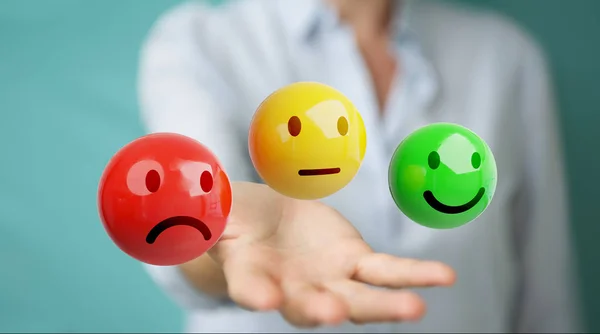 İşkadını müşteri memnuniyeti derecelendirme 3B oluşturmayı kullanarak arka plan bulanık üzerinde