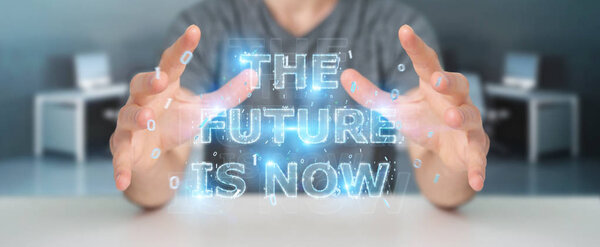 Businessman on blurred background  using future text interface 3D rendering