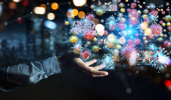 Businessman on blurred background analyzing bacteria microscopic close-up 3D rendering