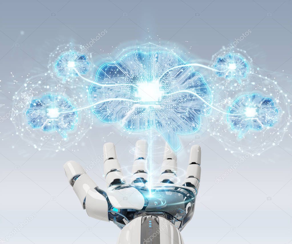 Robot on blurred background creating artificial intelligence in a digital brain 3D rendering