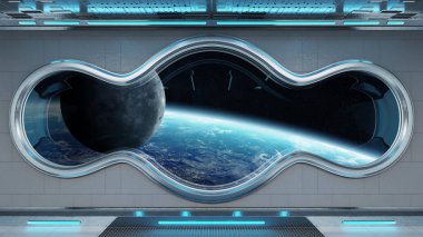 Pencere iç gezegende manzaralı yuvarlak beyaz teknik uzay Earth 3d işleme öğeleri Nasa tarafından döşenmiş bu görüntünün