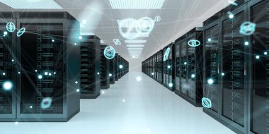 Sunucu odası Merkezi alışverişi cyber veriler ve bağlantıları 3d render