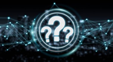 Soru işaretleri dijital arabirimi üzerinde mavi arka plan 3d render izole