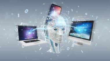 Beyaz insanımsı gri arka plan 3d render üzerinde modern cihazlarla kontrol