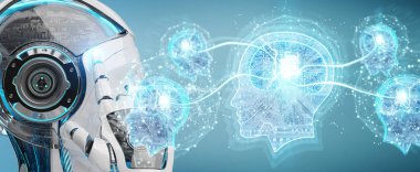 Cyborg bulanık arka planda yapay zeka 3d render oluşturma