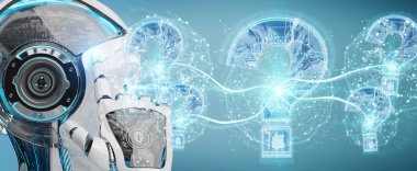 Cyborg bulanık arka plan dijital soru işaretleri 3d render ile sorun çözme