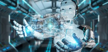 Cyborg tel kafes sanal 3d dijital projeksiyon bir Engine kullanarak arka plan bulanık üzerinde