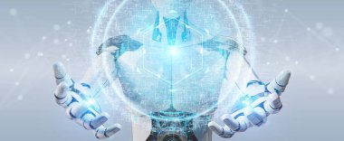 Dijital göz gözetim hologram 3B oluşturmayı kullanarak bulanık arka plan üzerinde beyaz cyborg