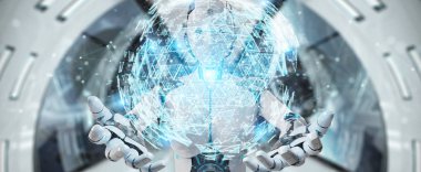 Dijital üçgen patlayan küre hologram 3B oluşturmayı kullanarak arka plan bulanık beyaz robot kadına