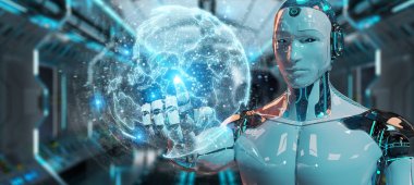 Dünya ağ hologram Amerika ABD harita 3d render ile kullanarak arka plan bulanık beyaz robot