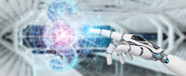 Cyborg Yargıç 3d işleme dijital paragraf hukuk simgesini kullanarak arka plan bulanık üzerinde