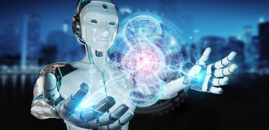 Cyborg Yargıç 3d işleme dijital paragraf hukuk simgesini kullanarak arka plan bulanık üzerinde