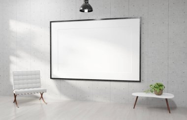 Çağdaş 3d render bir beyaz beton duvara asılı büyük yatay çerçeve
