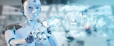 Dijital ekran arabirimi 3d rendering kullanarak arka plan bulanık beyaz kadın robot