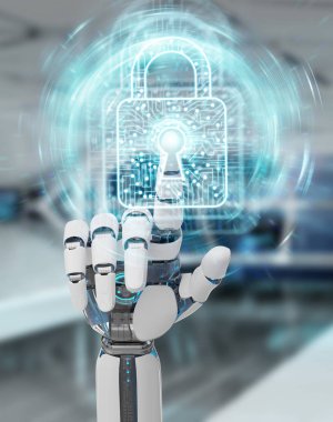 Beyaz robot el bulanık arka plan dijital veriler 3B oluşturmayı güvenliğini sağlama