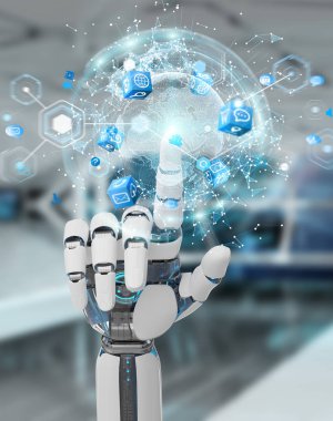 Beyaz robot el dijital ekran arabirimi 3d rendering kullanarak arka plan bulanık üzerinde