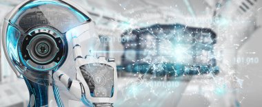 Beyaz kadın insanımsı bulanık arka plan dijital dünya hud arabirimi 3d rendering kullanarak üzerinde