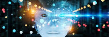 Cyborg baş şehir bokeh arka planda 3d render dijital arabirimi oluşturmak için yapay zeka kullanma
