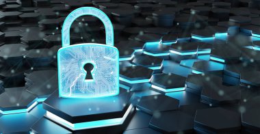 Siyah mavi soyut asma kilit simgesi altıgenler arka planda 3d render