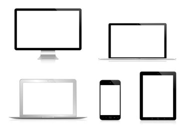 Beyaz arka plan üzerinde 3d render izole Modern teknoloji cihazlar koleksiyonu