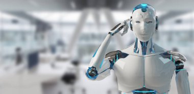 Beyaz erkek cyborg düşünme ve uzay arka plan 3d render kafasına dokunmak