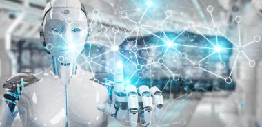 Dijital ağ bağlantısı 3B oluşturmayı kullanarak bulanık arka plan üzerinde beyaz adam cyborg