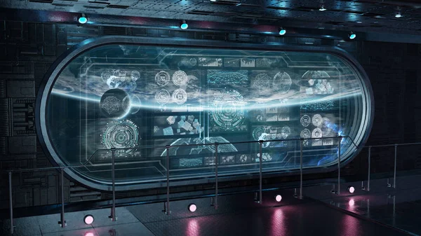 Темний Інтер Космічного Корабля Просторі Панеллю Керування Цифровими Екранами Рендеринга — стокове фото