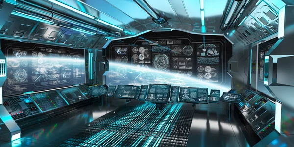 Blue Spaceship Interior Space Control Panel Screens Rendering — Stock Photo, Image