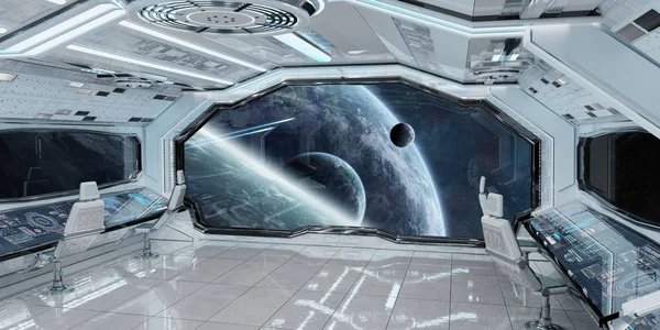 White Clean Spaceship Interior View Distant Planets System Rendering Elements — Stock Photo, Image