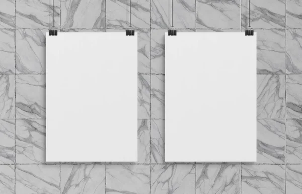 Beyaz Poster Mermer Duvar Klipleri Mockup Önünde Asılı Boş — Stok fotoğraf