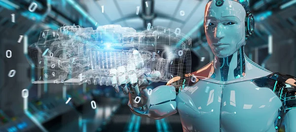 Cyborg Auf Verschwommenem Hintergrund Mit Holographischer Projektion Eines Motors — Stockfoto