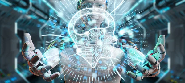 Humanoïde Blanc Sur Fond Flou Utilisant Hologramme Icône Intelligence Artificielle — Photo