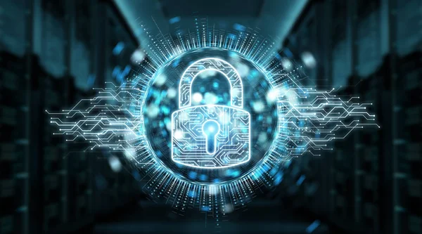 Digital Security Hologram Padlock Blue Server Background Rendering — Stock Photo, Image