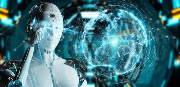 White Robot Woman Blurred Background Using Digital Sphere Connection Hologram — Stock Photo, Image