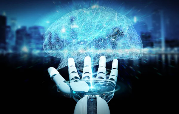 Weiße Humanoide Hand Auf Verschwommenem Hintergrund Schafft Künstliche Intelligenz Rendering — Stockfoto
