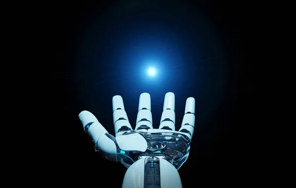 White Cyborg Opening His Hand Isolated Dark Background Rendering — Stock Photo, Image
