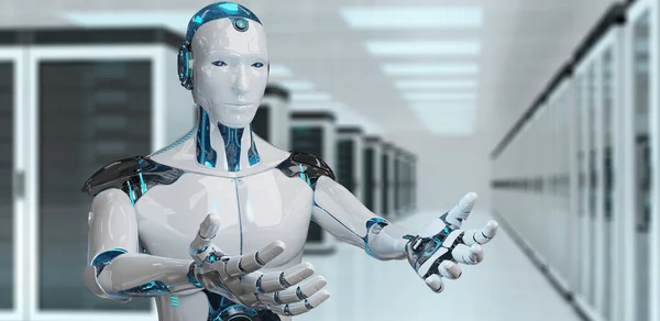 白人男性机器人打开他的双手在服务器背景3D — 图库照片
