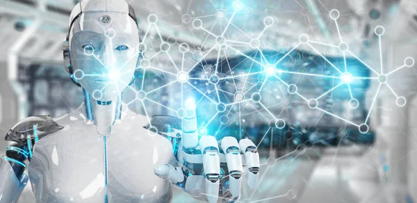 White Man Cyborg Blurred Background Using Digital Network Connection Rendering — Stock Photo, Image