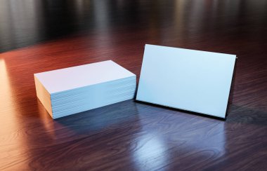 Ahşap Resepsiyon 3d render üzerinde beyaz kartvizit yığını yan görünüm