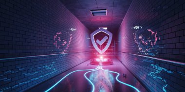 Mavi ve pembe yeraltı siber güvenlik hologram ile dijital kalkan 3d render