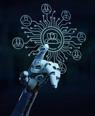 Sosyal ağ simgeleri arabirimi denetleme bulanık arka plan üzerinde beyaz robot