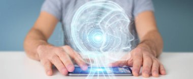 İşadamı dijital yapay zeka arabirimi 3d rendering kullanarak arka plan bulanık üzerinde